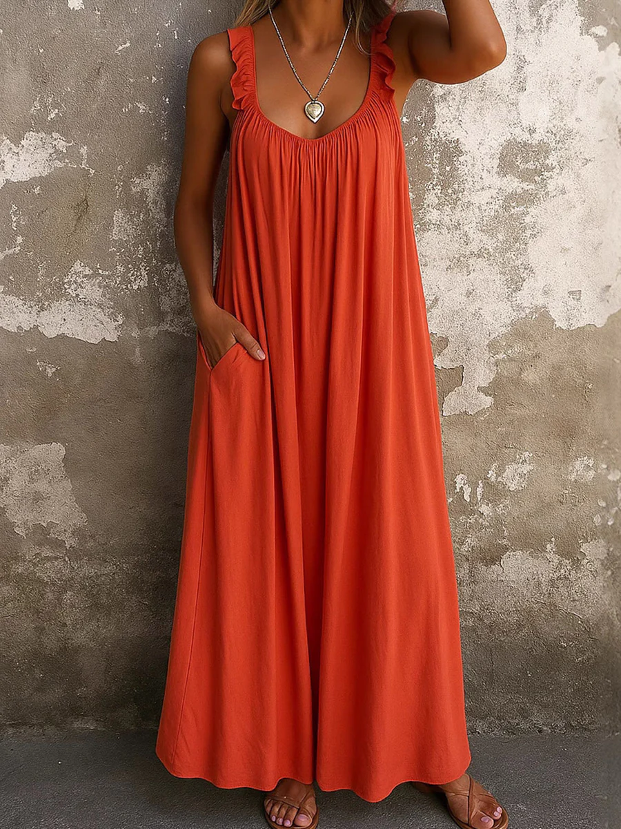 A-Line Loose Pleated Pockets Ruffled Solid Color Split-Joint U-Neck Maxi Dresses - Image 3
