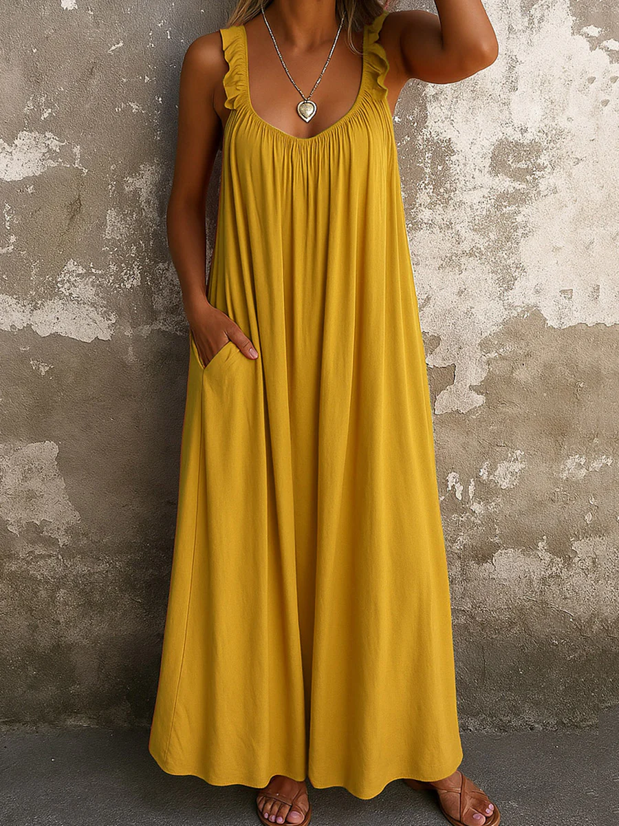 A-Line Loose Pleated Pockets Ruffled Solid Color Split-Joint U-Neck Maxi Dresses - Image 4