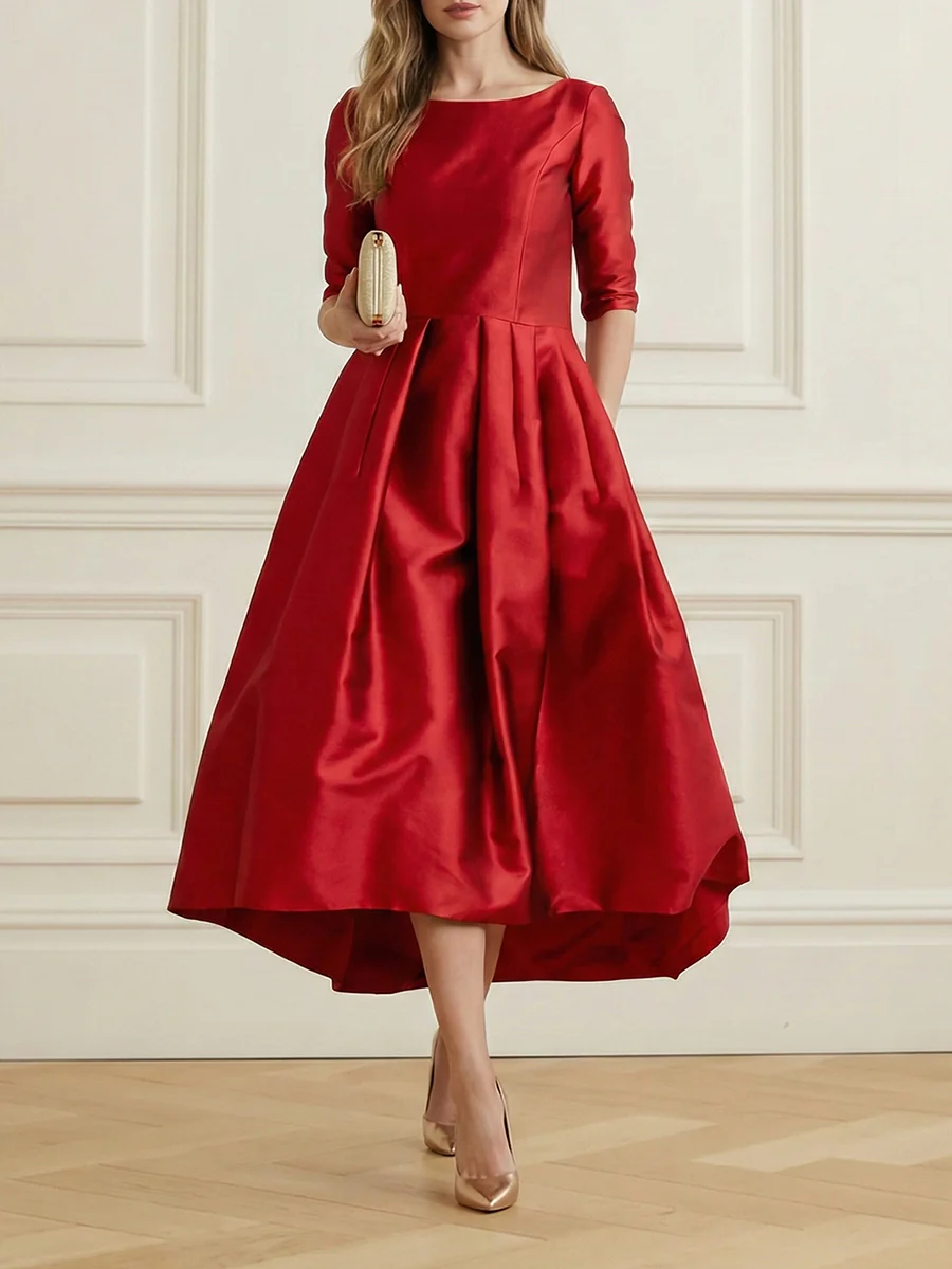 A-Line Loose Pleated Pockets Solid Color Split-Joint Round-Neck Midi Dresses