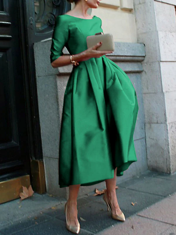 A-Line Loose Pleated Pockets Solid Color Split-Joint Round-Neck Midi Dresses - Image 10