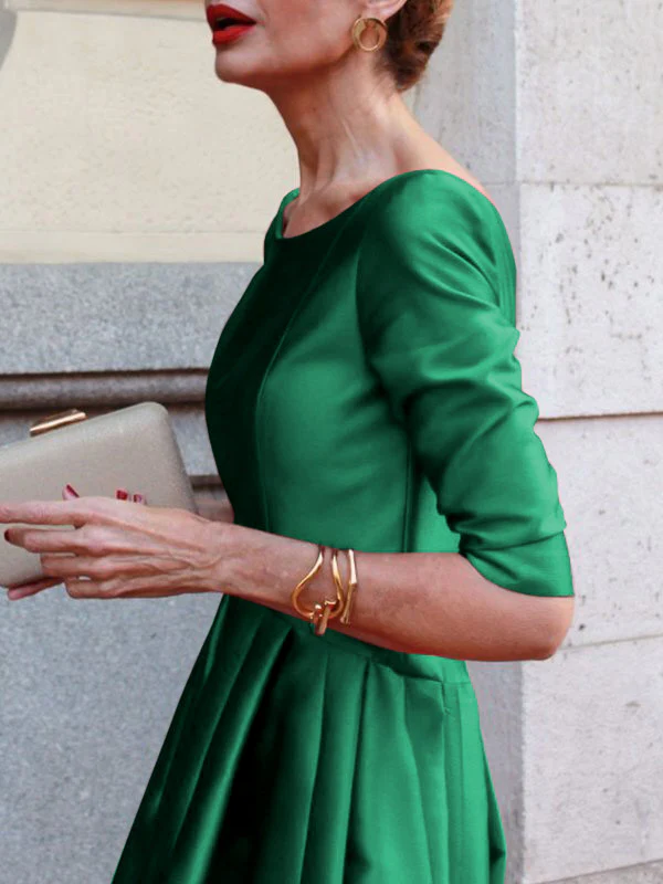 A-Line Loose Pleated Pockets Solid Color Split-Joint Round-Neck Midi Dresses - Image 11