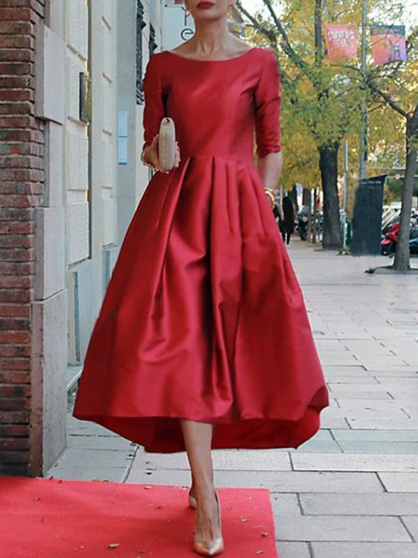 A-Line Loose Pleated Pockets Solid Color Split-Joint Round-Neck Midi Dresses - Image 2