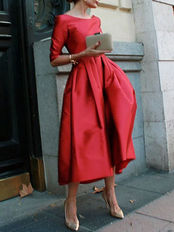 A-Line Loose Pleated Pockets Solid Color Split-Joint Round-Neck Midi Dresses - Image 3