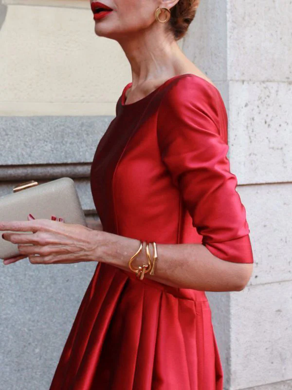 A-Line Loose Pleated Pockets Solid Color Split-Joint Round-Neck Midi Dresses - Image 4
