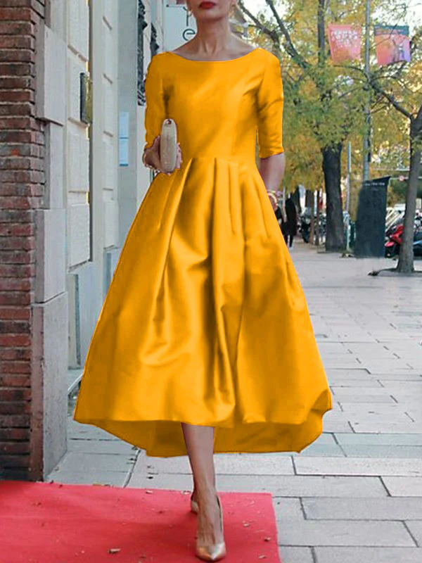 A-Line Loose Pleated Pockets Solid Color Split-Joint Round-Neck Midi Dresses - Image 5
