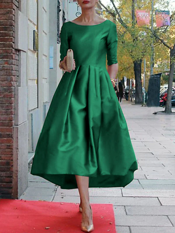 A-Line Loose Pleated Pockets Solid Color Split-Joint Round-Neck Midi Dresses - Image 6