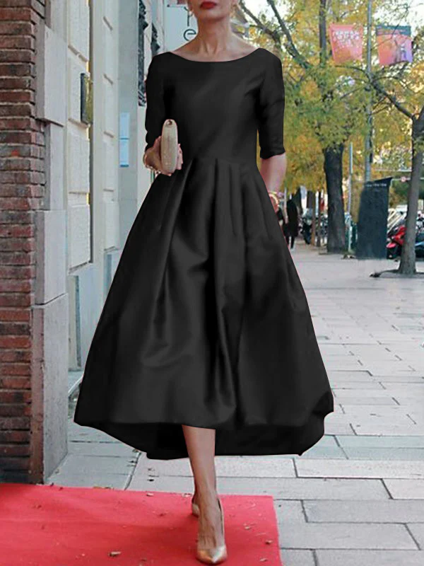 A-Line Loose Pleated Pockets Solid Color Split-Joint Round-Neck Midi Dresses - Image 7