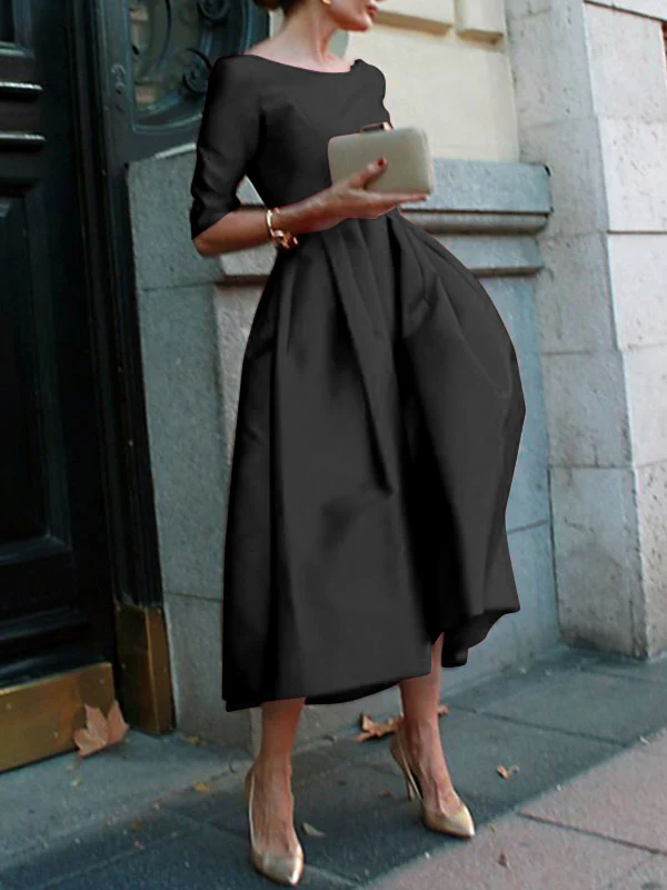 A-Line Loose Pleated Pockets Solid Color Split-Joint Round-Neck Midi Dresses - Image 8