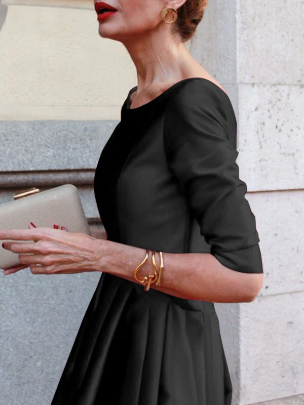A-Line Loose Pleated Pockets Solid Color Split-Joint Round-Neck Midi Dresses - Image 9