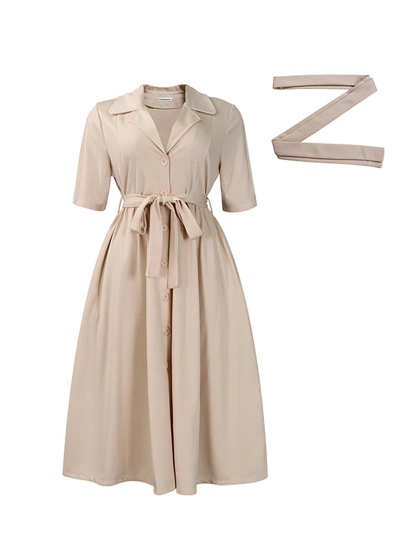 A-Line Loose Pleated Pockets Solid Color Tied Waist Notched Collar Midi Dresses - Image 10