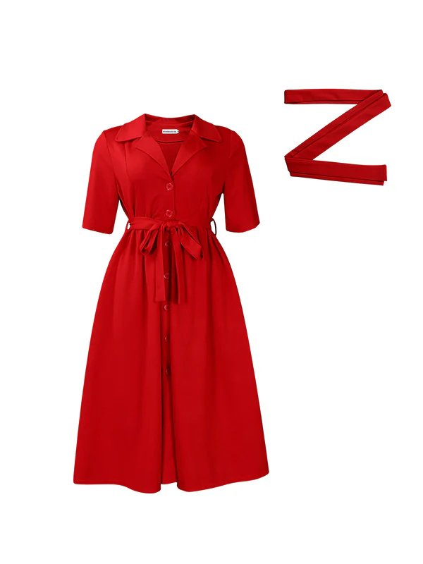 A-Line Loose Pleated Pockets Solid Color Tied Waist Notched Collar Midi Dresses - Image 8