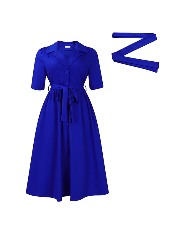 A-Line Loose Pleated Pockets Solid Color Tied Waist Notched Collar Midi Dresses - Image 9