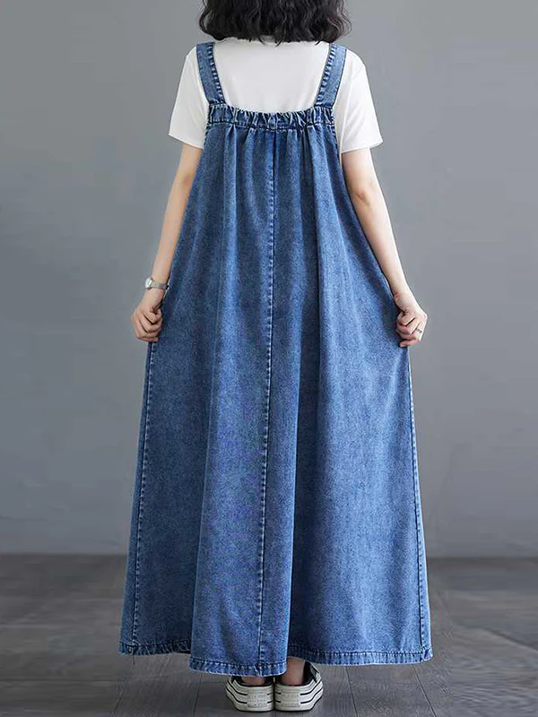 A-Line Loose Pleated Pockets Split-Joint Spaghetti-Neck Maxi Dresses Suspender Dress - Image 10