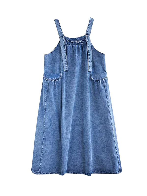 A-Line Loose Pleated Pockets Split-Joint Spaghetti-Neck Maxi Dresses Suspender Dress - Image 11