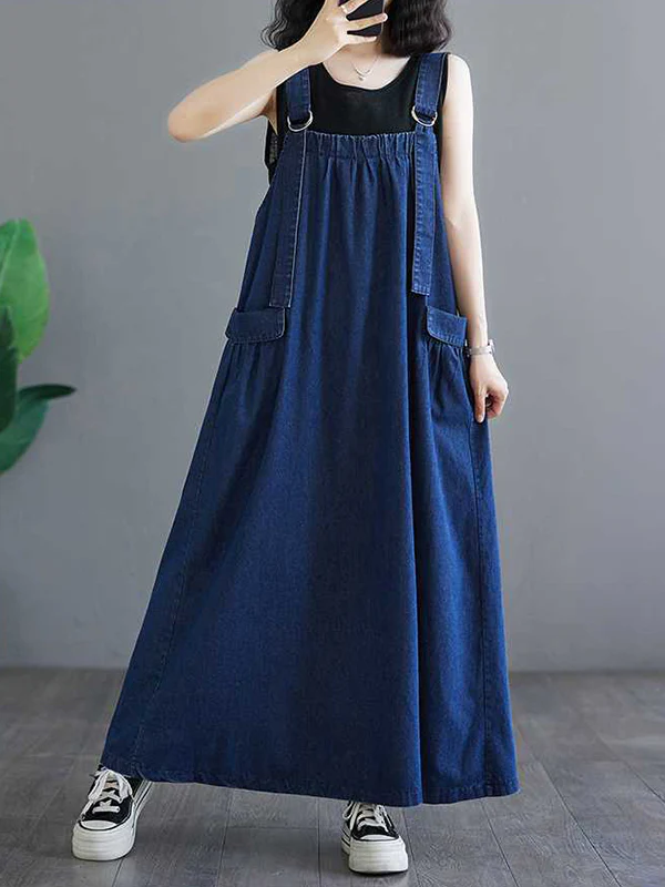 A-Line Loose Pleated Pockets Split-Joint Spaghetti-Neck Maxi Dresses Suspender Dress - Image 2