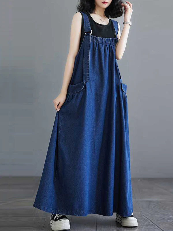 A-Line Loose Pleated Pockets Split-Joint Spaghetti-Neck Maxi Dresses Suspender Dress - Image 3