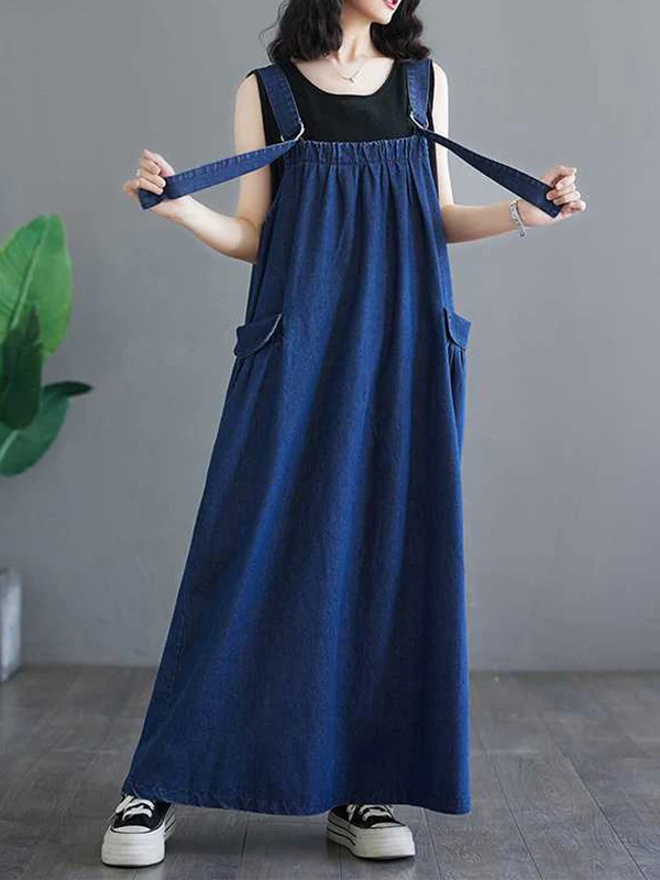 A-Line Loose Pleated Pockets Split-Joint Spaghetti-Neck Maxi Dresses Suspender Dress - Image 4