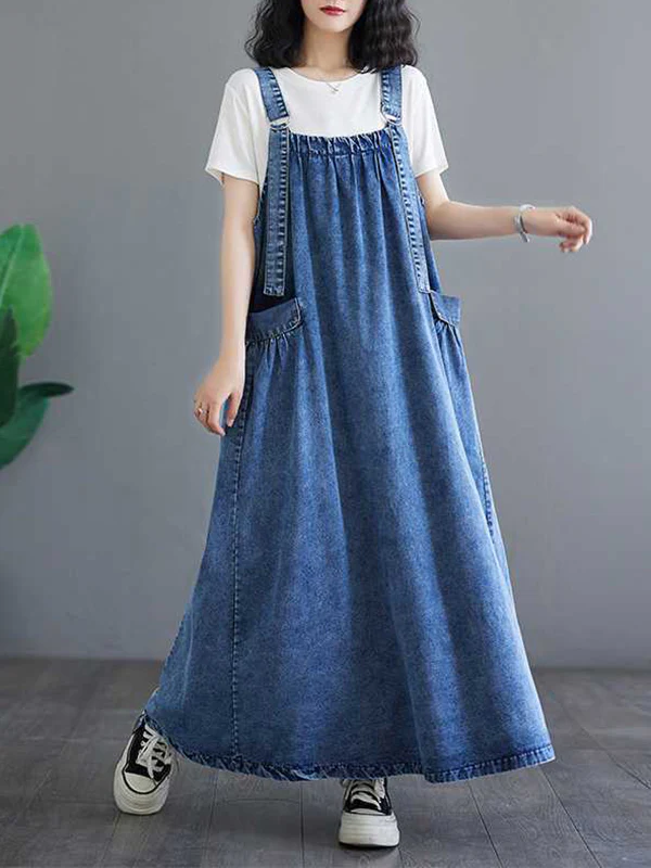 A-Line Loose Pleated Pockets Split-Joint Spaghetti-Neck Maxi Dresses Suspender Dress - Image 5