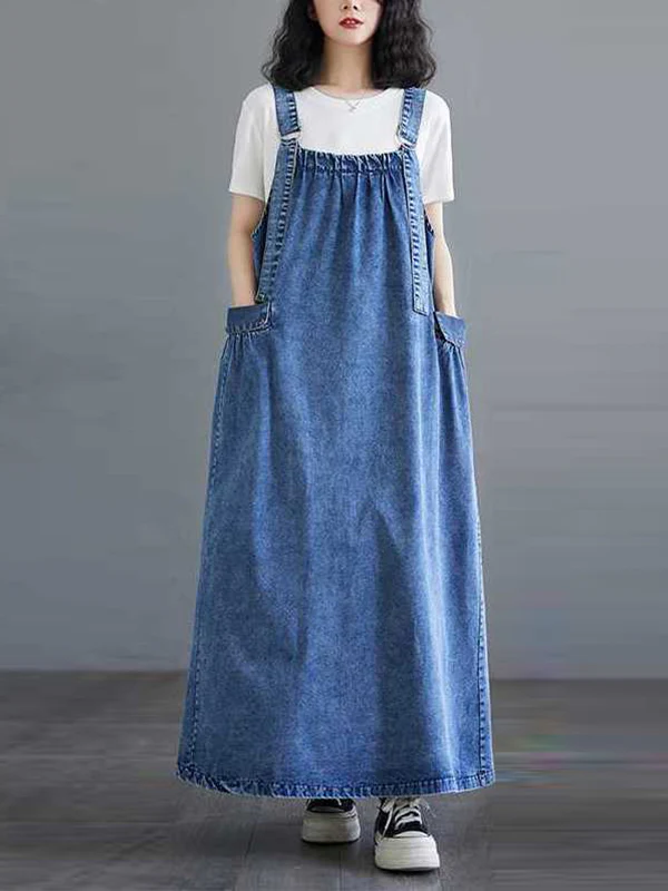 A-Line Loose Pleated Pockets Split-Joint Spaghetti-Neck Maxi Dresses Suspender Dress - Image 6