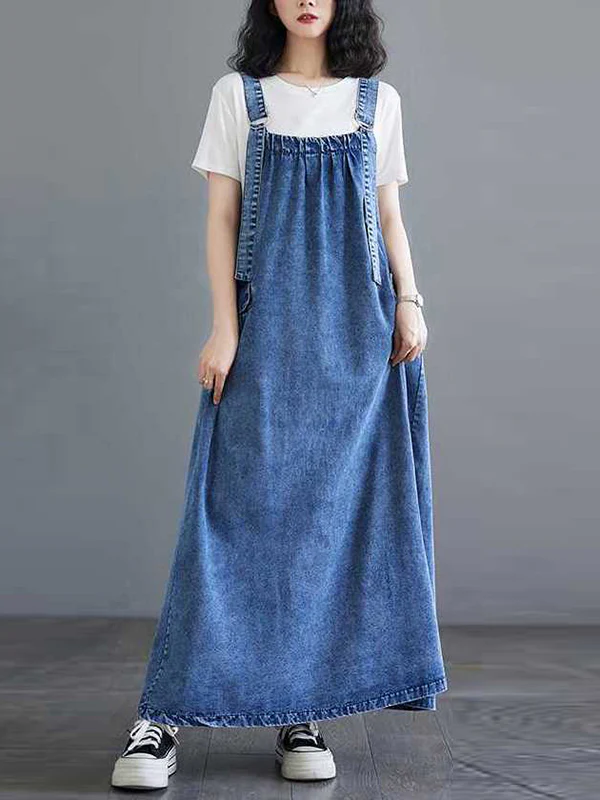 A-Line Loose Pleated Pockets Split-Joint Spaghetti-Neck Maxi Dresses Suspender Dress - Image 7