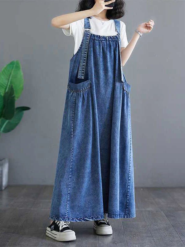 A-Line Loose Pleated Pockets Split-Joint Spaghetti-Neck Maxi Dresses Suspender Dress - Image 8