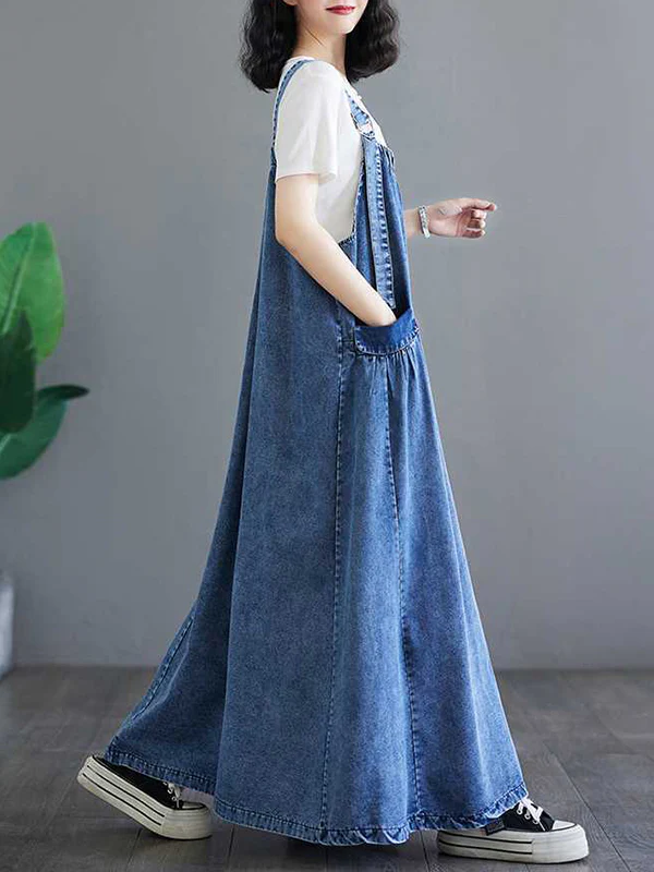 A-Line Loose Pleated Pockets Split-Joint Spaghetti-Neck Maxi Dresses Suspender Dress - Image 9
