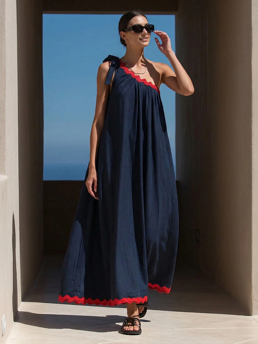 A-Line Loose Pleated Pockets Split-Joint Tied One-Shoulder Maxi Dresses - Image 2