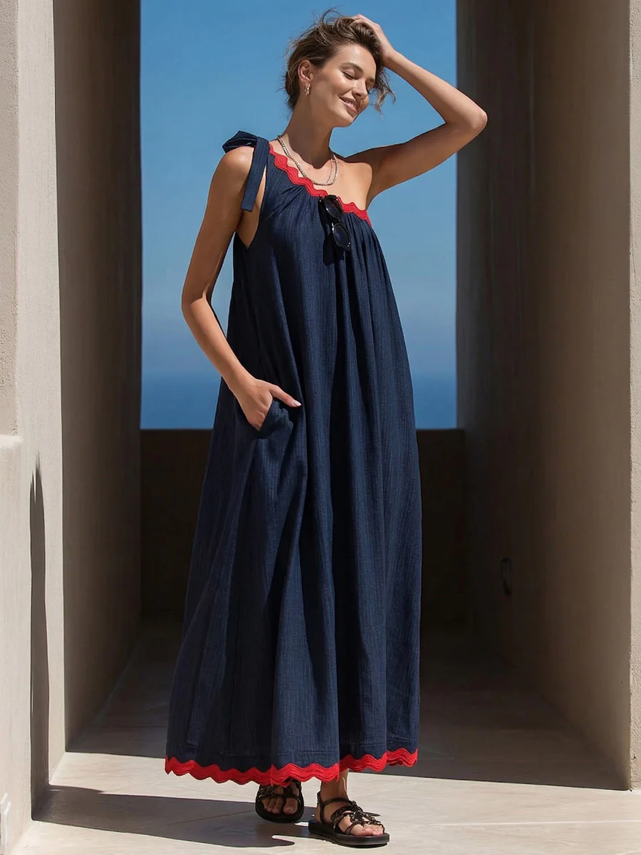 A-Line Loose Pleated Pockets Split-Joint Tied One-Shoulder Maxi Dresses - Image 3