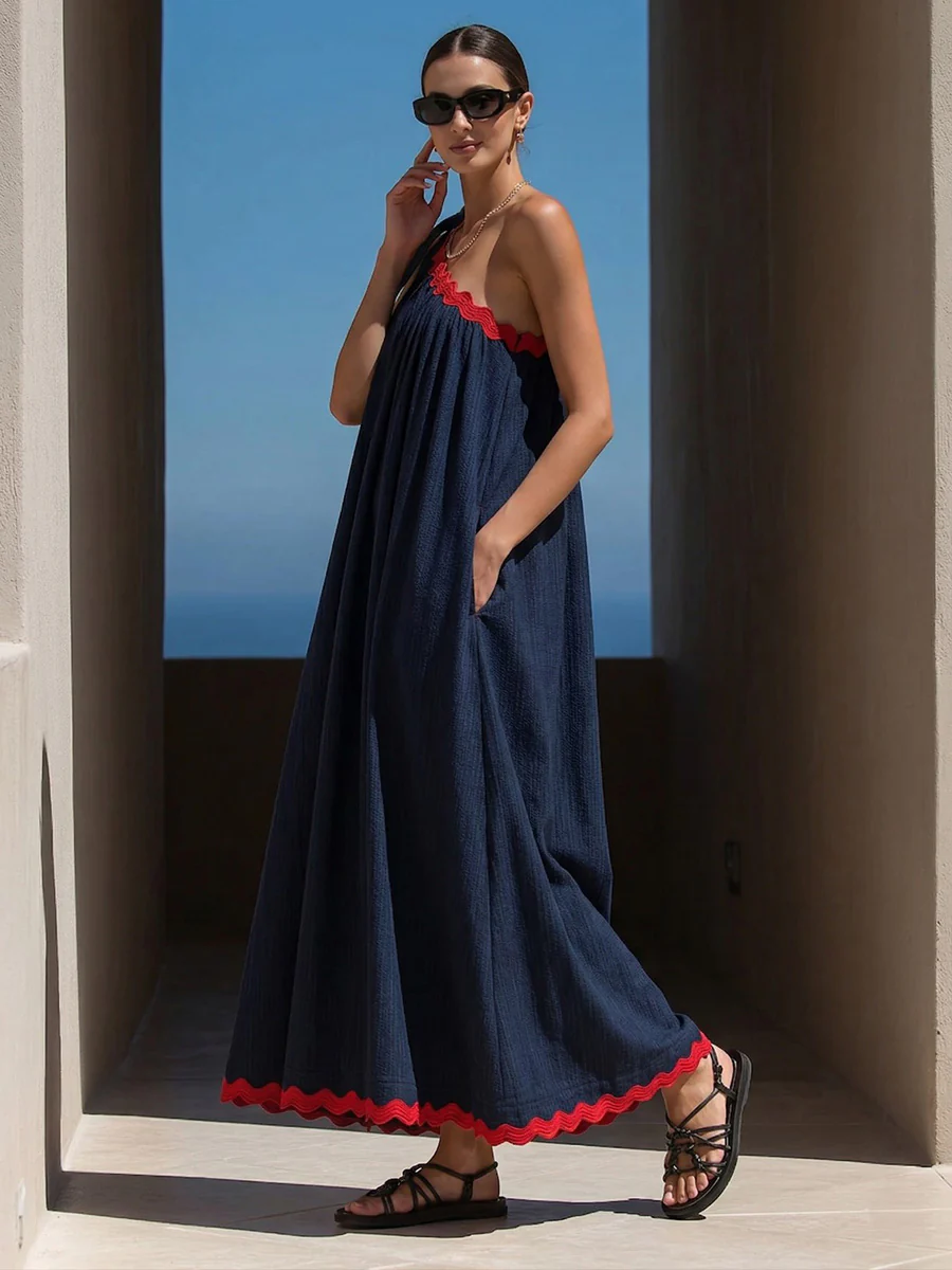A-Line Loose Pleated Pockets Split-Joint Tied One-Shoulder Maxi Dresses - Image 4