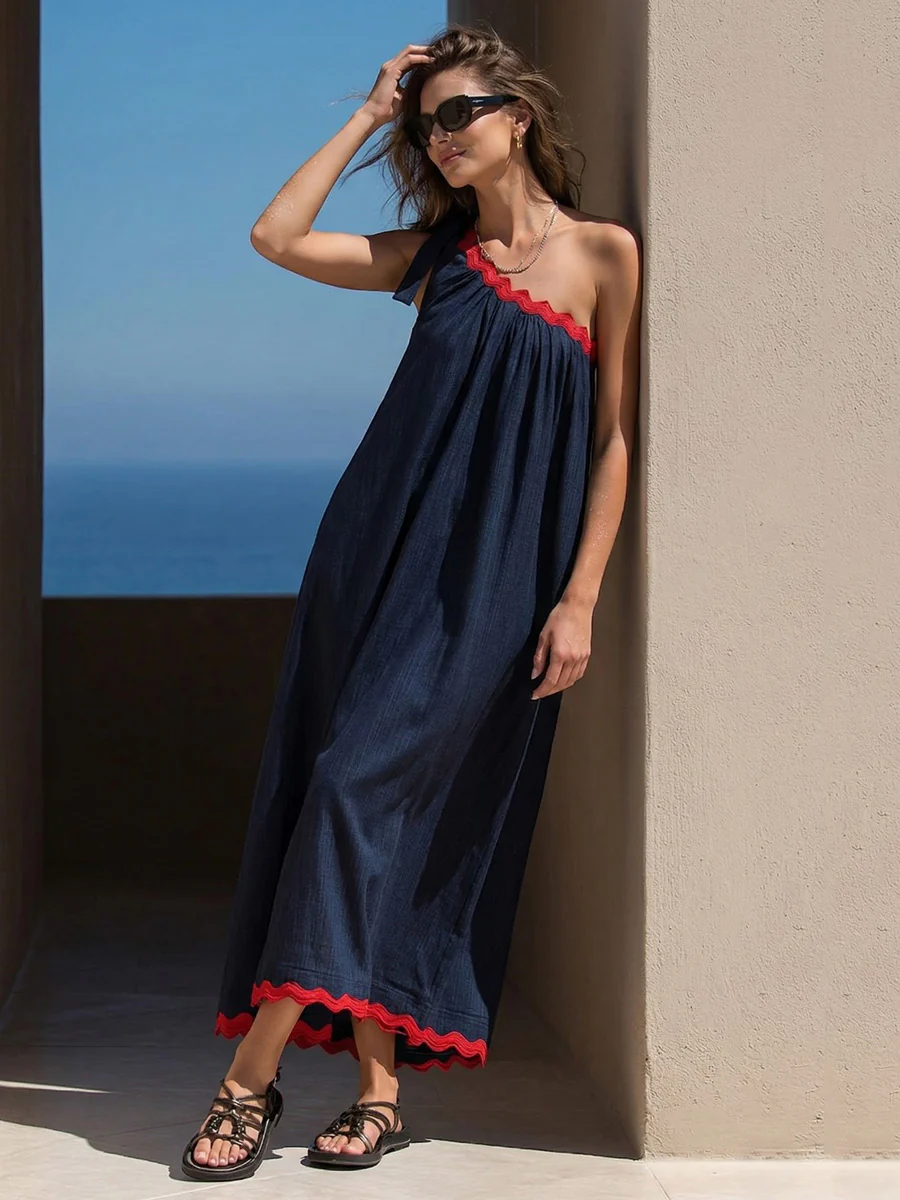 A-Line Loose Pleated Pockets Split-Joint Tied One-Shoulder Maxi Dresses - Image 5