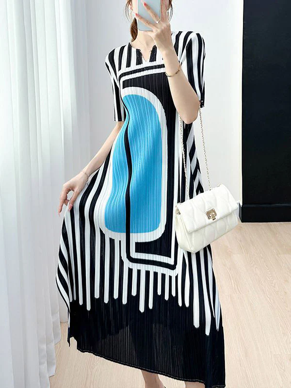 A-Line Loose Pleated Printed V-Neck Midi Dresses - Image 2