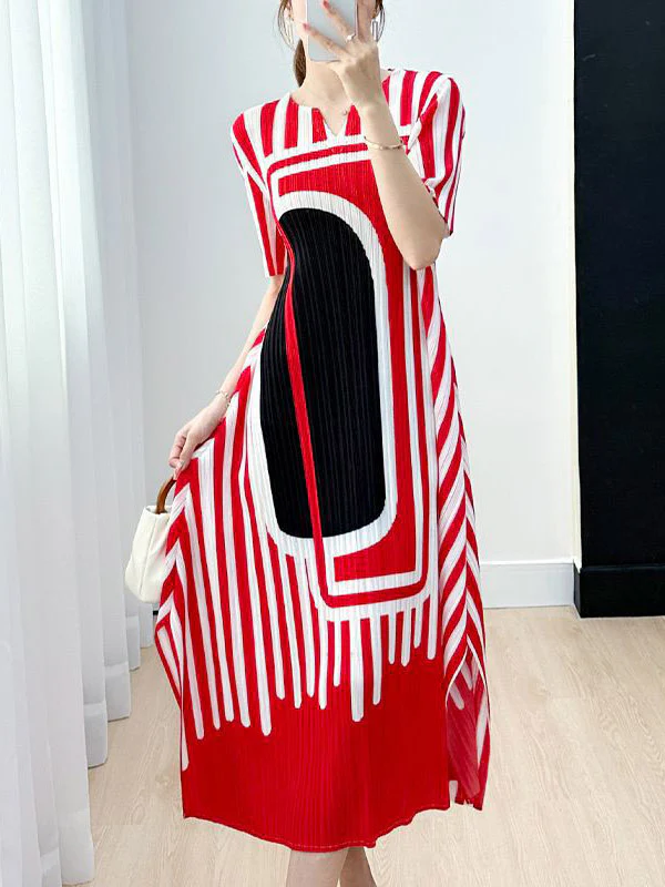A-Line Loose Pleated Printed V-Neck Midi Dresses - Image 3