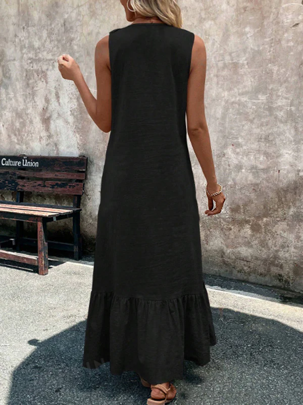 A-Line Loose Pleated Ruffle Trim Solid Color V-Neck Maxi Dresses - Image 10