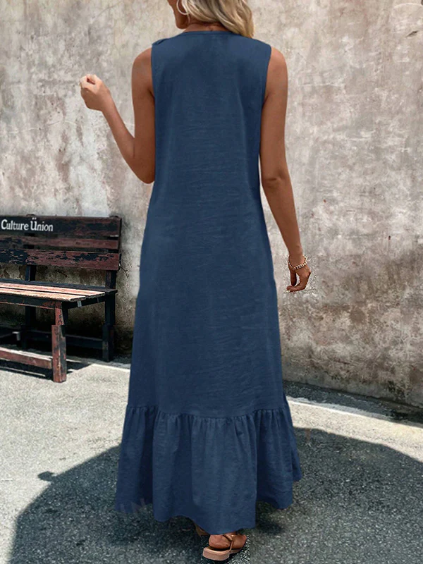 A-Line Loose Pleated Ruffle Trim Solid Color V-Neck Maxi Dresses - Image 11