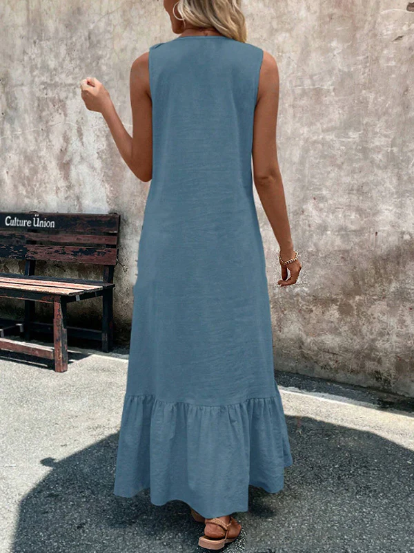 A-Line Loose Pleated Ruffle Trim Solid Color V-Neck Maxi Dresses - Image 12