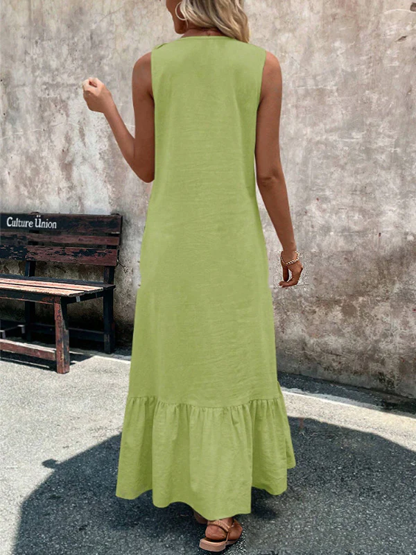 A-Line Loose Pleated Ruffle Trim Solid Color V-Neck Maxi Dresses - Image 13