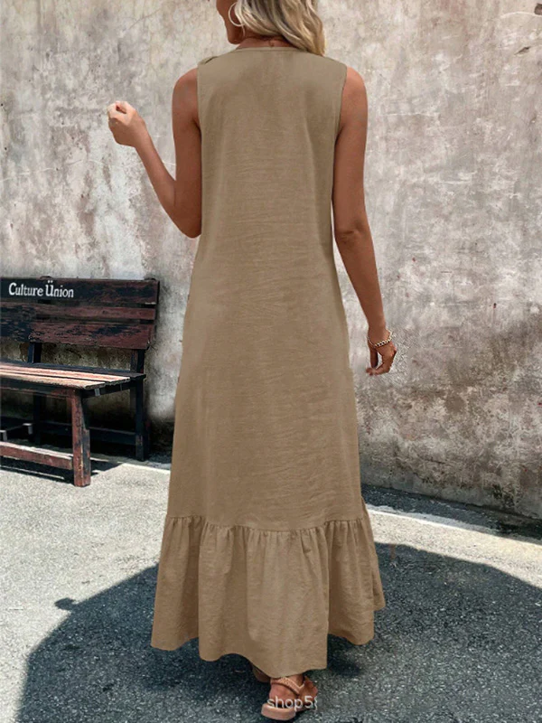 A-Line Loose Pleated Ruffle Trim Solid Color V-Neck Maxi Dresses - Image 14