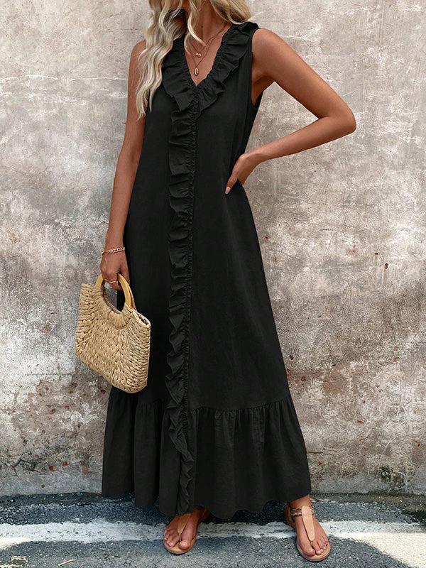 A-Line Loose Pleated Ruffle Trim Solid Color V-Neck Maxi Dresses - Image 2