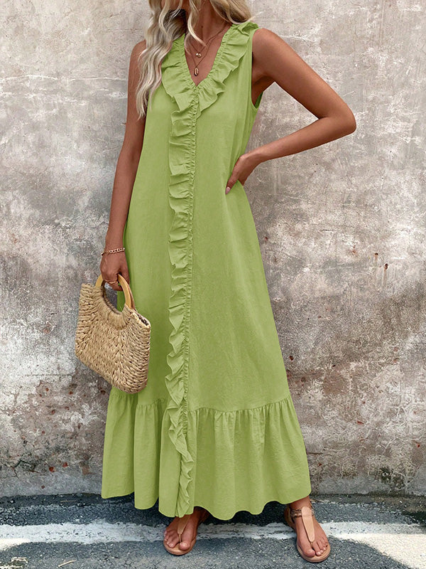 A-Line Loose Pleated Ruffle Trim Solid Color V-Neck Maxi Dresses - Image 3