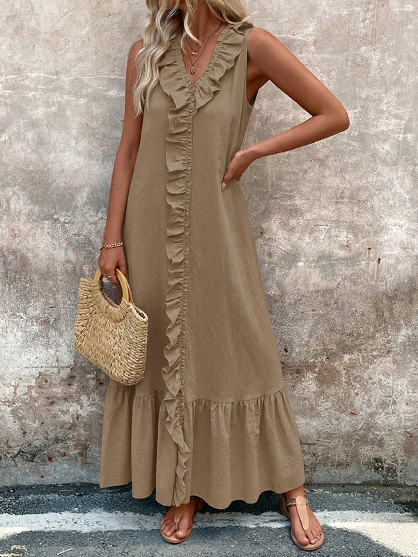 A-Line Loose Pleated Ruffle Trim Solid Color V-Neck Maxi Dresses - Image 4