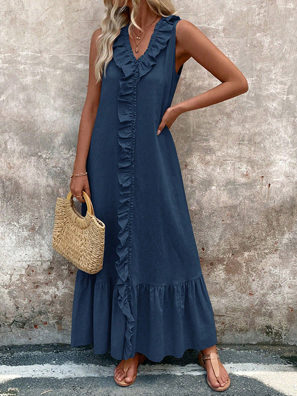 A-Line Loose Pleated Ruffle Trim Solid Color V-Neck Maxi Dresses - Image 5