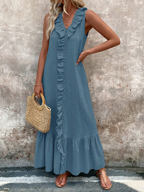 A-Line Loose Pleated Ruffle Trim Solid Color V-Neck Maxi Dresses - Image 6