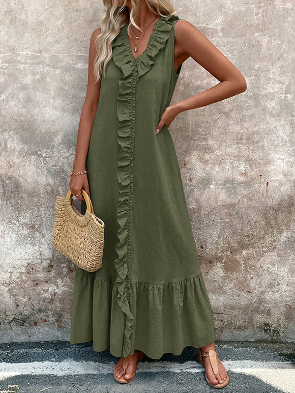 A-Line Loose Pleated Ruffle Trim Solid Color V-Neck Maxi Dresses - Image 7