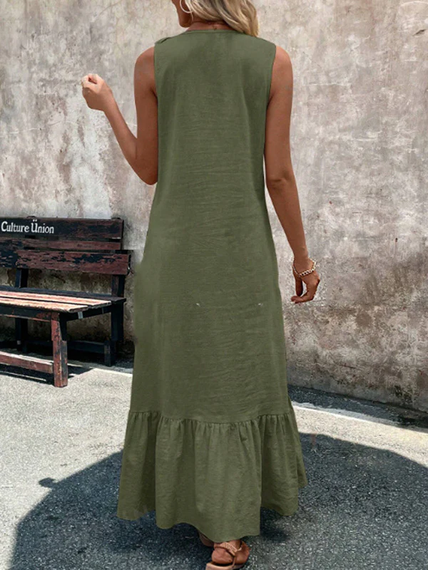 A-Line Loose Pleated Ruffle Trim Solid Color V-Neck Maxi Dresses - Image 8
