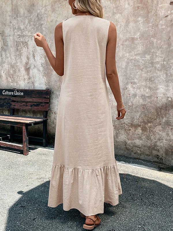 A-Line Loose Pleated Ruffle Trim Solid Color V-Neck Maxi Dresses - Image 9