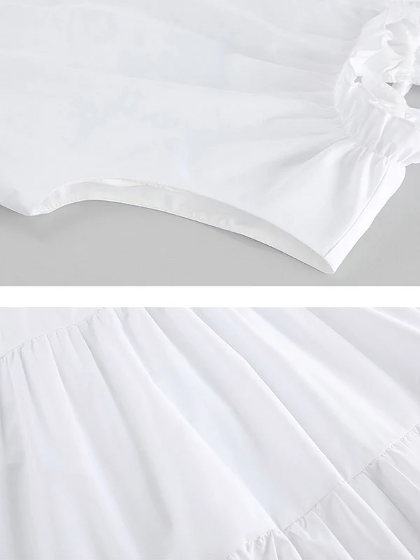 A-Line Loose Pleated Ruffled Solid Color Split-Joint Round-Neck Mini Dresses Shirt Dress - Image 11