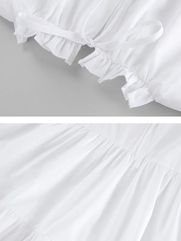 A-Line Loose Pleated Ruffled Solid Color Split-Joint Round-Neck Mini Dresses Shirt Dress - Image 12