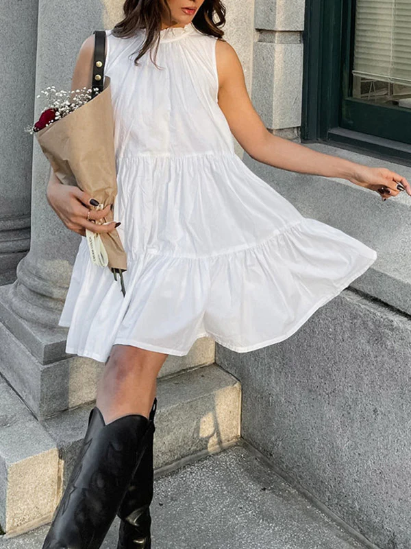 A-Line Loose Pleated Ruffled Solid Color Split-Joint Round-Neck Mini Dresses Shirt Dress - Image 2