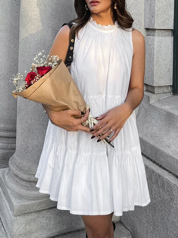 A-Line Loose Pleated Ruffled Solid Color Split-Joint Round-Neck Mini Dresses Shirt Dress - Image 3
