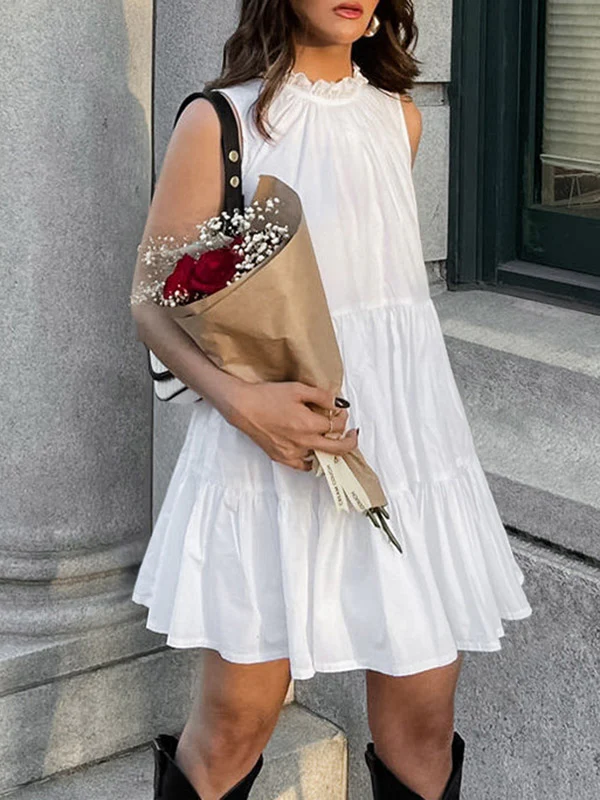 A-Line Loose Pleated Ruffled Solid Color Split-Joint Round-Neck Mini Dresses Shirt Dress - Image 4